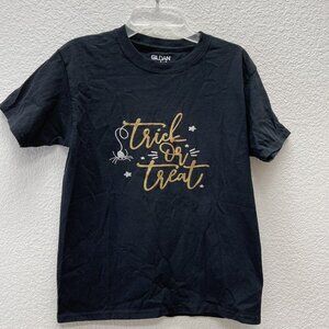 Trick Or Treat Girls Medium Golden Halloween T-shirt Gold Black Upcycled EUC